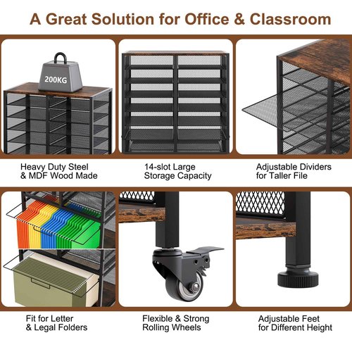EasyPAG Rolling File Cart with 14 Slot Mail Organizer, Under Desk Storage with Hanging File Rack for Letter/Legal Folders, Mobile Filing Cabinet Printer Stand for Office Home Classroom, Black