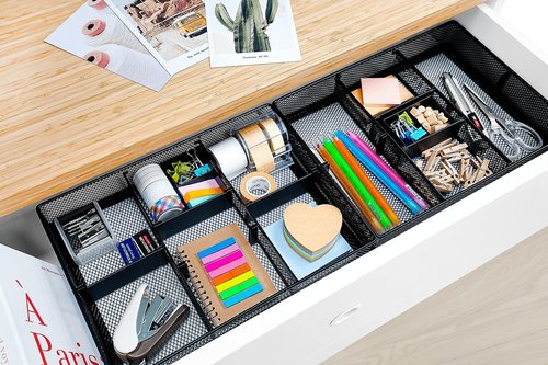 CAXXA Mesh 3 Slot Desk Drawer Organizer with Four Adjustable Dividers - Black