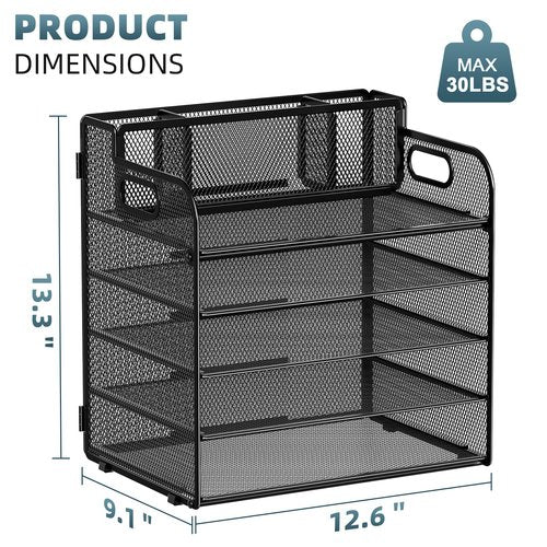 Marbrasse 5 Tier Paper Organizer with 3 Pen Holders, Mesh Desk File Organizer with Handle, Paper Sorter Desk Organizer for Home Office Supplies(Black)