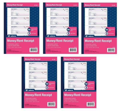 Adams Money and Rent Receipt Book, 3-Part, Carbonless, White/Canary/Pink,7 5/8" x 10 7/8", 100 Sets per Book, 5 Books, 500 Sets Total (TC1182)