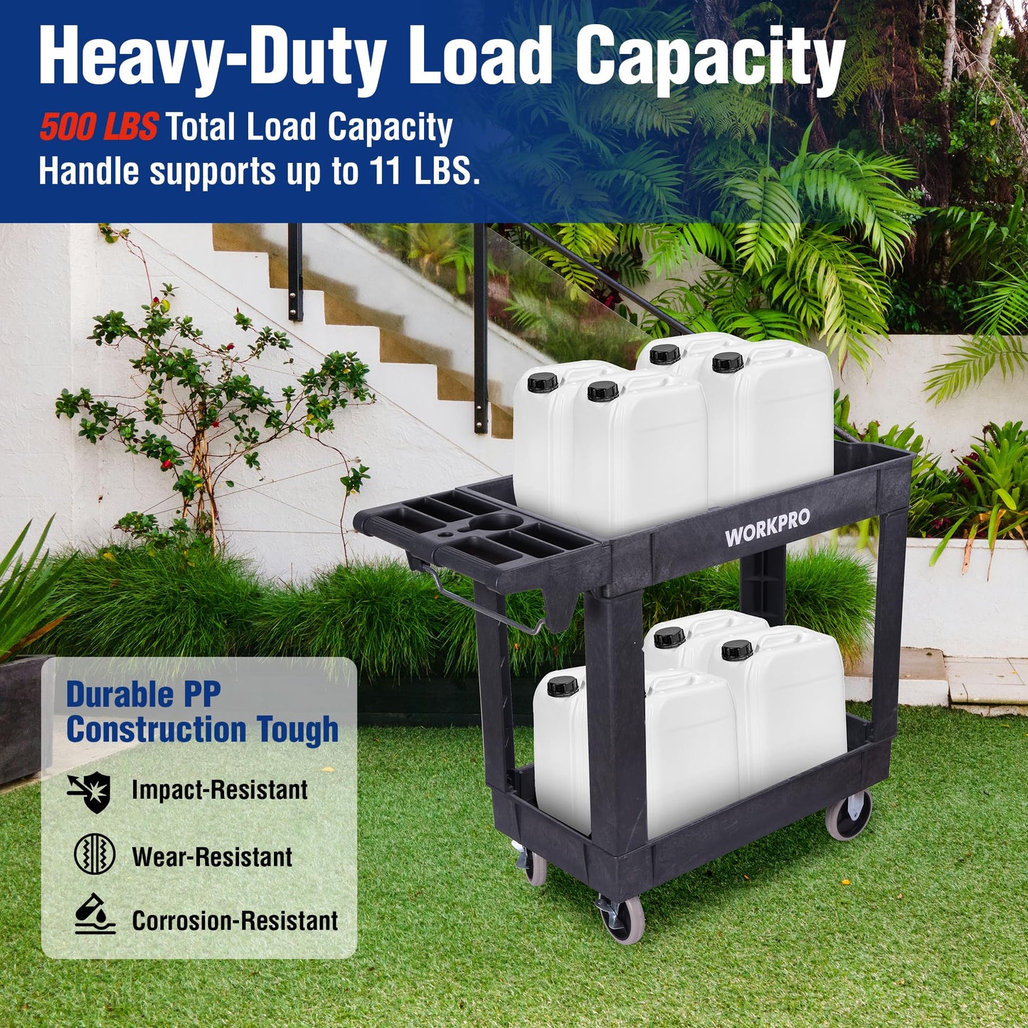 WORKPRO 500 lb 2-Tier Rolling Tool Cart with Locking Casters