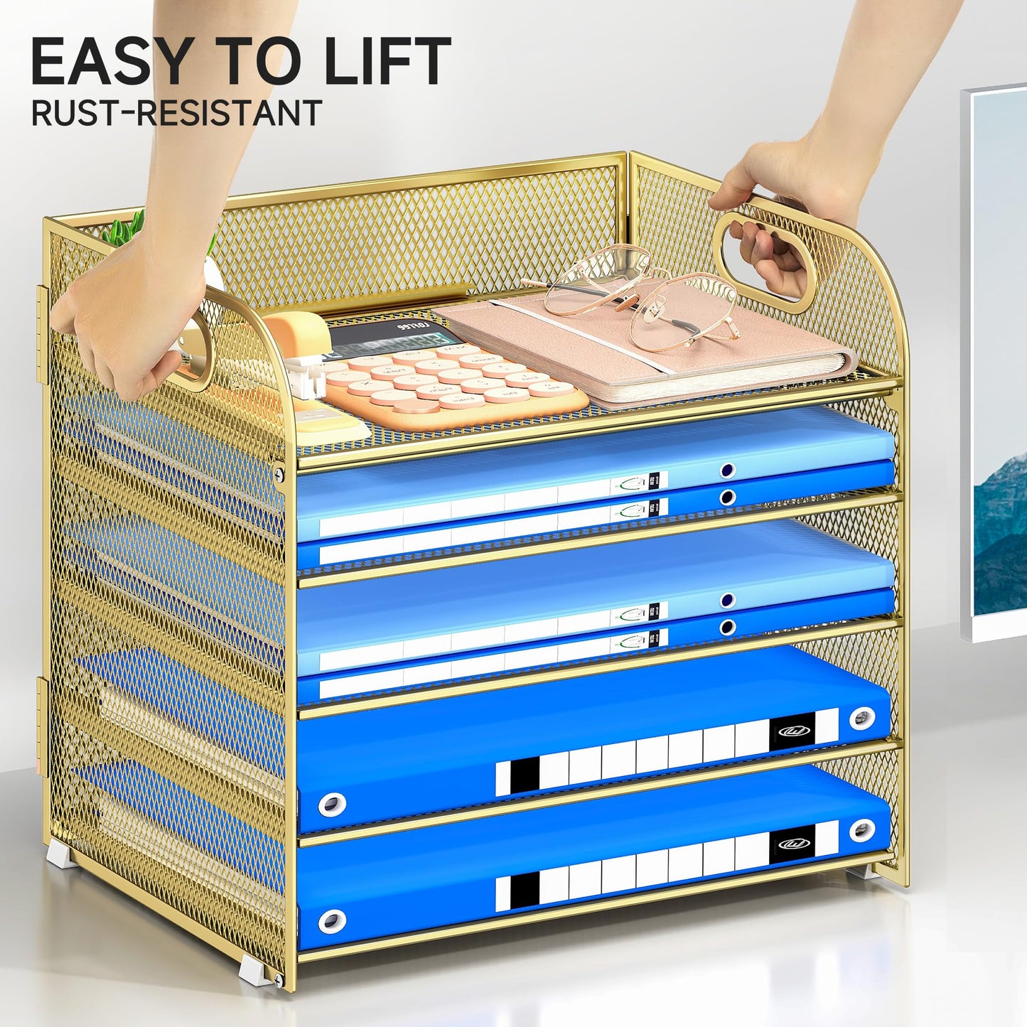 Kinkota Paper Organizer Letter Tray with Handle Mesh 5 Trays Desk File Organizer Paper Sorter Desk Organizer for Office, Home or School-Gold