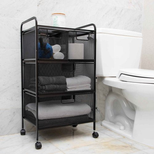 Mind Reader Cart with Drawers, Multipurpose Office Organizer, Utility Cart, Rolling Storage, Metal Mesh, Black