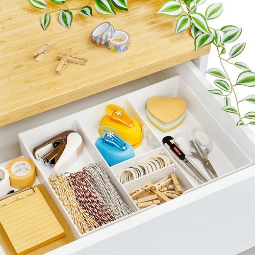 CAXXA 2PK - 3 Slot Drawer Organizer with Two Adjustable Dividers - 5 Compartments Drawer Storage Junk Drawer Organizer for Office Desk Supplies and Accessories, White