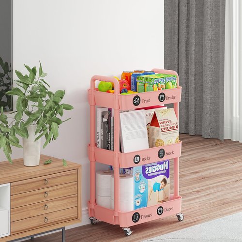 Laiensia 3-Tier Rolling Cart with Wheels,Multifunction Utility Storage carts, Kitchen Storage Organizer,Mobile Shelving Unit for Bathroom,Laundry,with Classified Stickers,Pink
