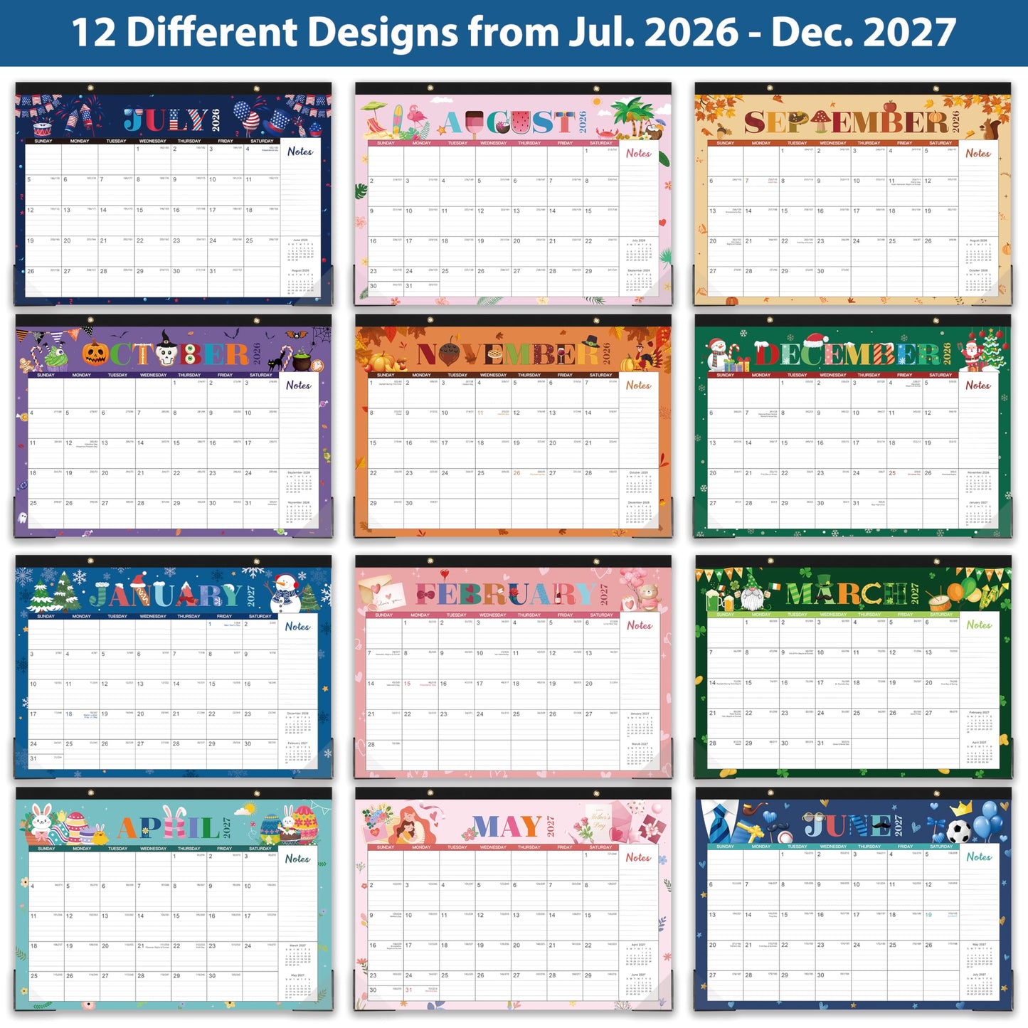 Desk Calendar 2026-2027 - Calendar 2026-2027 from July 2026 to December 2027, 12" x 17", 18 Monthly Desk Calendar with Protector Corner- Holiday Design