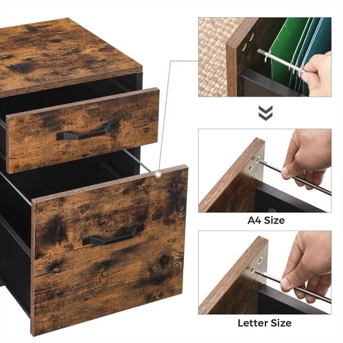 VASAGLE 2 Drawers File Cabinet for Home Office, Printer Stand with Wheels, for A4, Letter Sized Documents, Hanging File Folders, Rustic Brown and Ink Black UOFC042B01V1