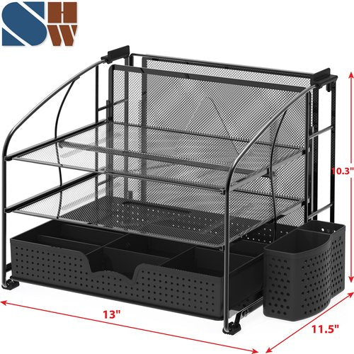 Simple Houseware 3-Tier Desk Organizer with Sliding Drawer, Hanging File Holder and Pen Holder Accessory, Black