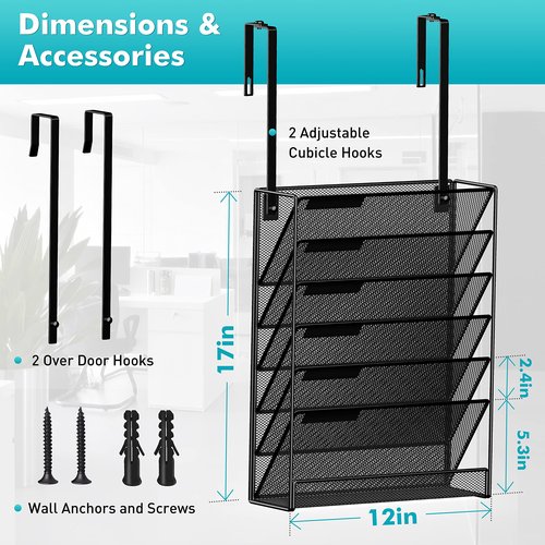 MINDEPOT 7-Tier Wall Hanging File Organizer Cubicle Hanging Organizer Mount File Holder, Mesh Magazine Document Mail Organizer Wall Organizer for Office School Home, Black
