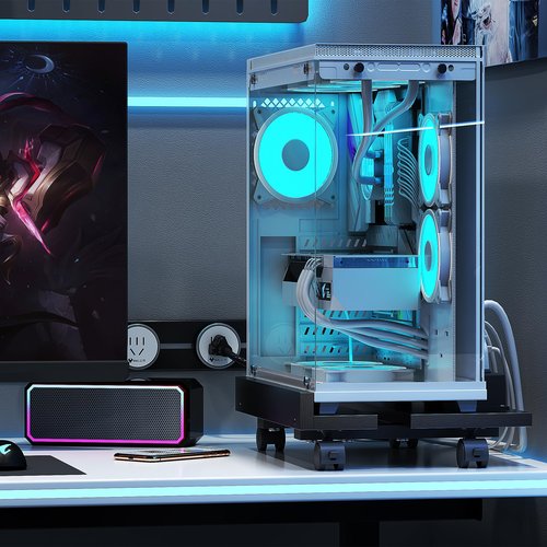 Adjustable PC Tower Stand With Power Strip, Wooden CPU Stand With Locking Casters, Rolling Computer Tower for Desktop, Adjustable Width, Durable Iron Frame for Home and Office