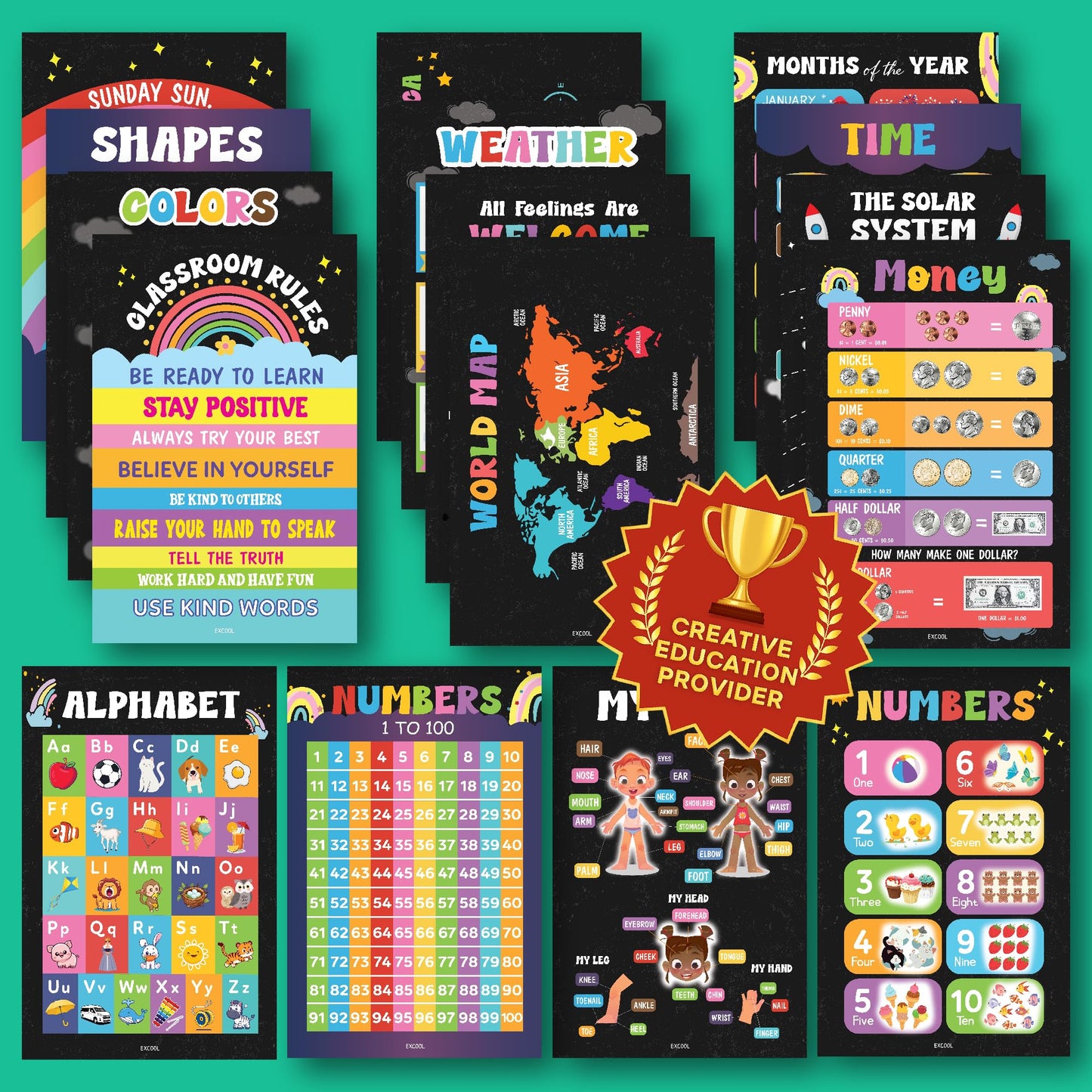Excool Club 16 Chalkboard Educational Posters For Toddlers 1-3, Toddler Learning Posters For Kids Ages 3-5, Kindergarten Classroom Must Haves, Laminated Abc Number Chart Prek Classroom Decor Preschool