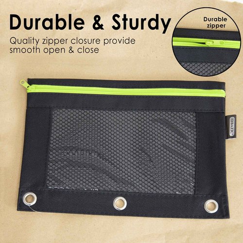 BAZIC Products Pencil Pouch 3 Ring Binder Pouch w/Rivet Enforced Rings Holes, Neon Black Color Mesh Window Zipper Pouches, 24-Pack