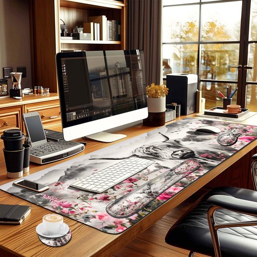 HaoSiTeck 4-Piece Extended Large Mouse Pad Set for Women Men with Highland Cow Design Includes 35.4 x 15.7 XXL Large Mouse Pad Keyboard Wrist Rest Mouse Wrist Support and Coaster for Office Home