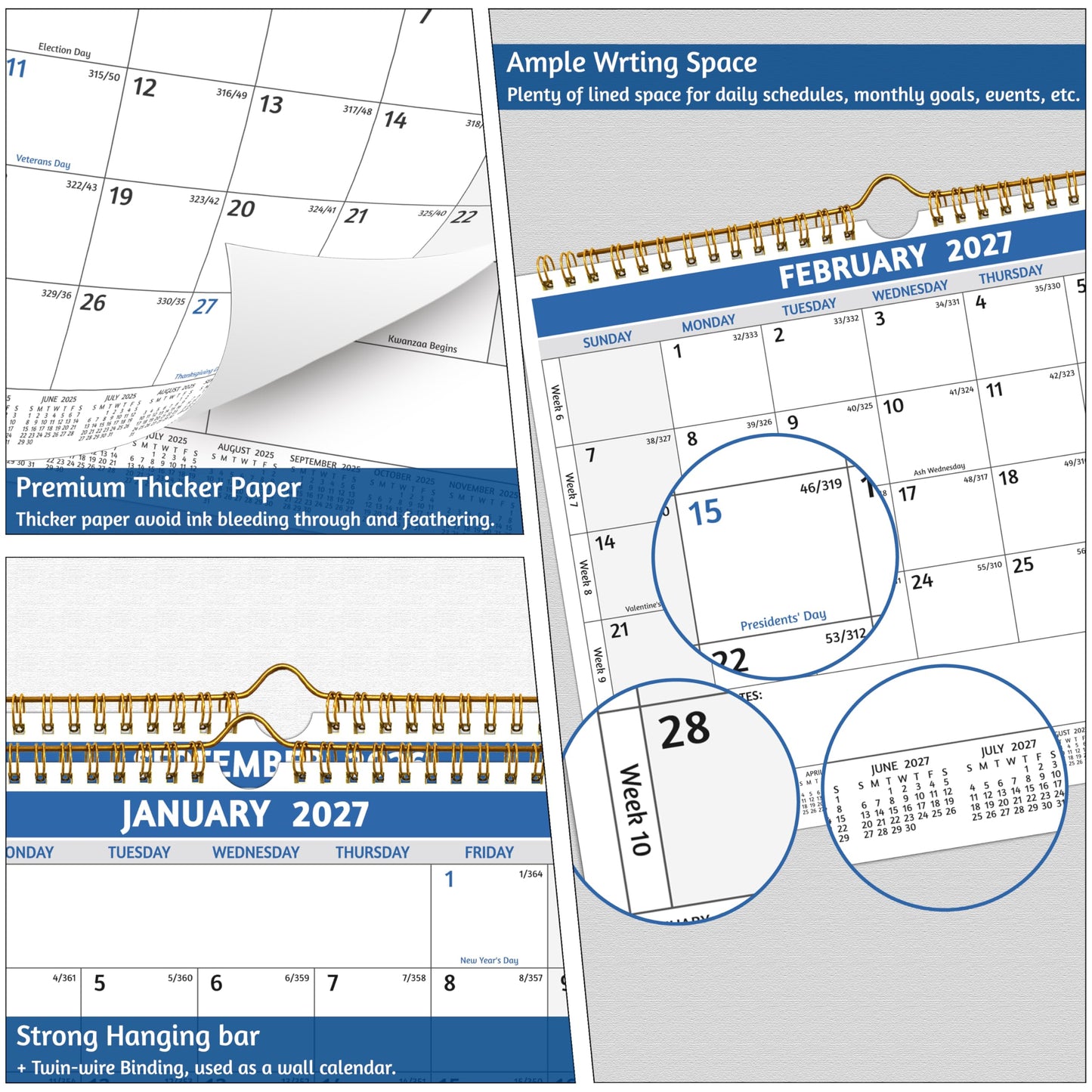 Wall Calendar 2026-2027 – Run Now to Jun 2027, 18 Monthly Calendar 2026-2027, 11 x 8.5 In, Small Monthly Calendar Wall, with Thick Paper, Holidays, Julian Dates ＆ Notes, Colorful Design