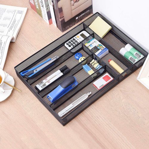 WuGeShop Desk Drawer Organizer with 6 Compartments, Mesh Drawer Organizer Tray for Stationery, Office Supplies Desktop Storage, Black