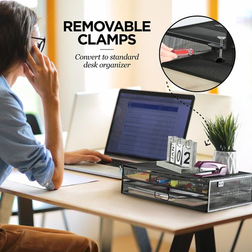 Under Desk Drawer Organizer Clamp-On, Mesh Metal Desk Drawer Attachment, 2 Drawer Slide Out, On Desk Or Under Desk Organizer For Office Supplies & Home Essentials (2 Drawers)