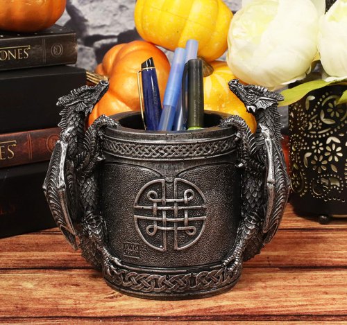 Ebros Medieval Fantasy Celtic Twin Climbing Dragons Of Bibliography Stationery Holder Statue Gothic Dragon Themed Organizer Office Desktop Pen Pencil Make Up Brush Vanity Holder Figurine 6.5" Wide