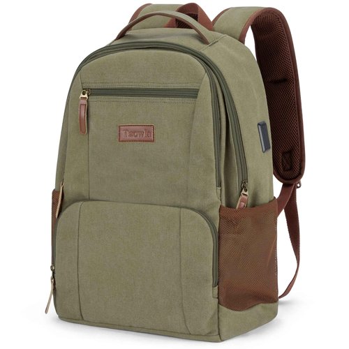 Tzowla Canvas Laptop College Backpack for Men and Women,Travel Work Vintage Rucksack with USB/Type-C Charging Port,Lightweight Hiking Casual Daypack Backpacks fit 15.6 inch Notebook,Green