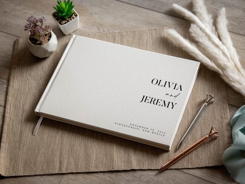 Personalized Guest Book - 11.5" x 8.5" Premium Custom Guest Signing Book with Bookmark and Blank Pages for Wedding Reception Table Decoration Engagement Birthday Party Event, Eggshell