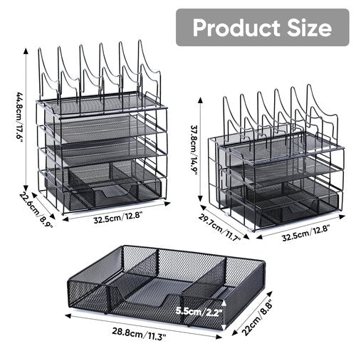 VANZAVANZU 5-Tier Desk Paper Letter Tray Organizer with 5 File Sorter Holders Large Desk File Organizer with Sliding Drawer Office Desktop Organizer, Variety of Stacking Style - Dark Black