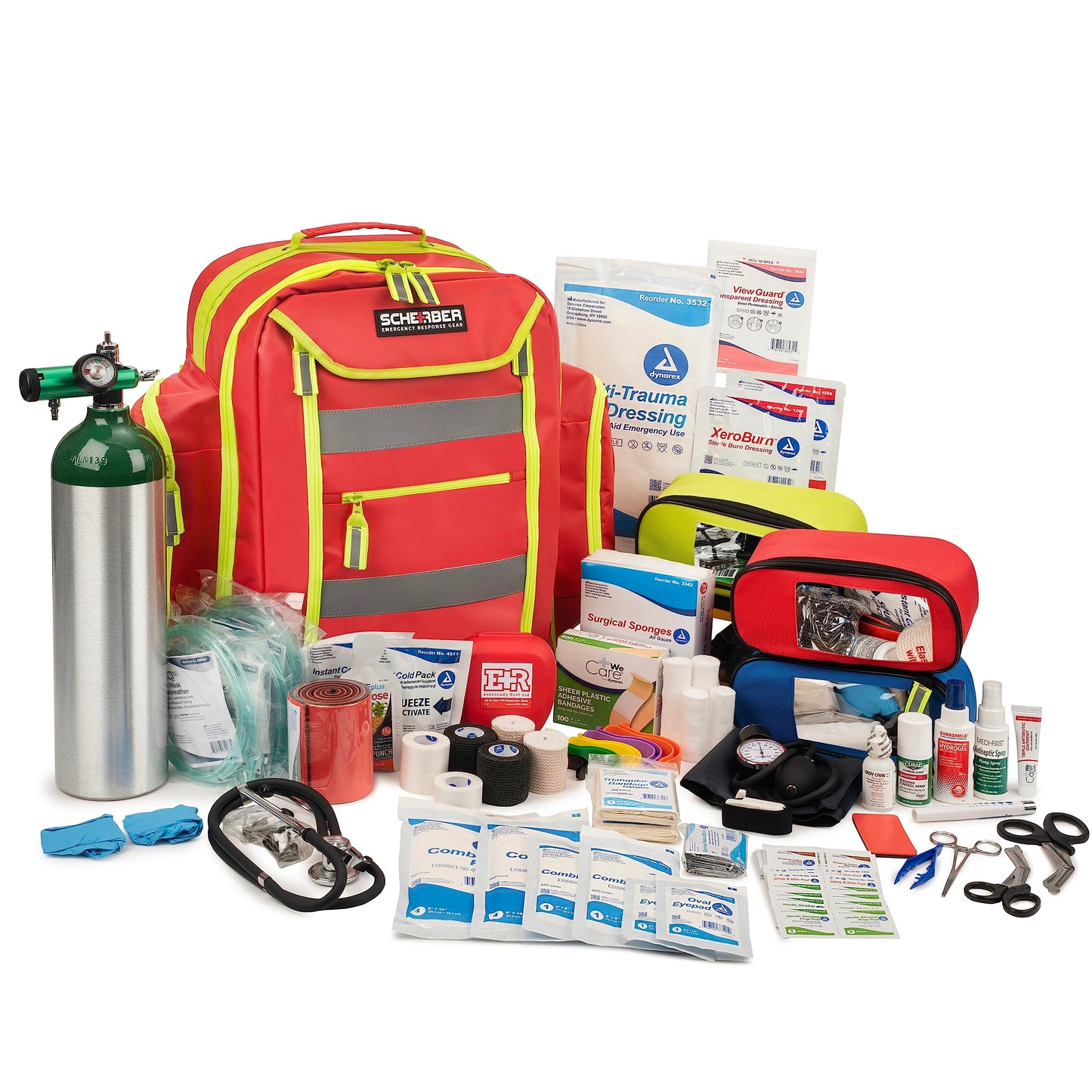 Scherber Fully-Stocked Premium First Responder Backpack | EMT/EMS Medic Trauma & Oxygen Medical Professional Kit | Bag w/ 4 Color-Coded Removable Pouches, O2 Storage, & 250+ First Aid Supplies - Red