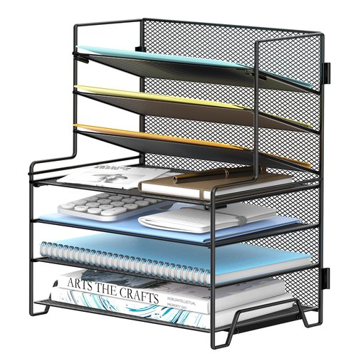 SUPEASY 7 Tier Desk File Organizer, Mesh Letter Tray Paper Organizer with File Holders, Metal Desktop Organizers and Accessories for Home Office Supplies, Black