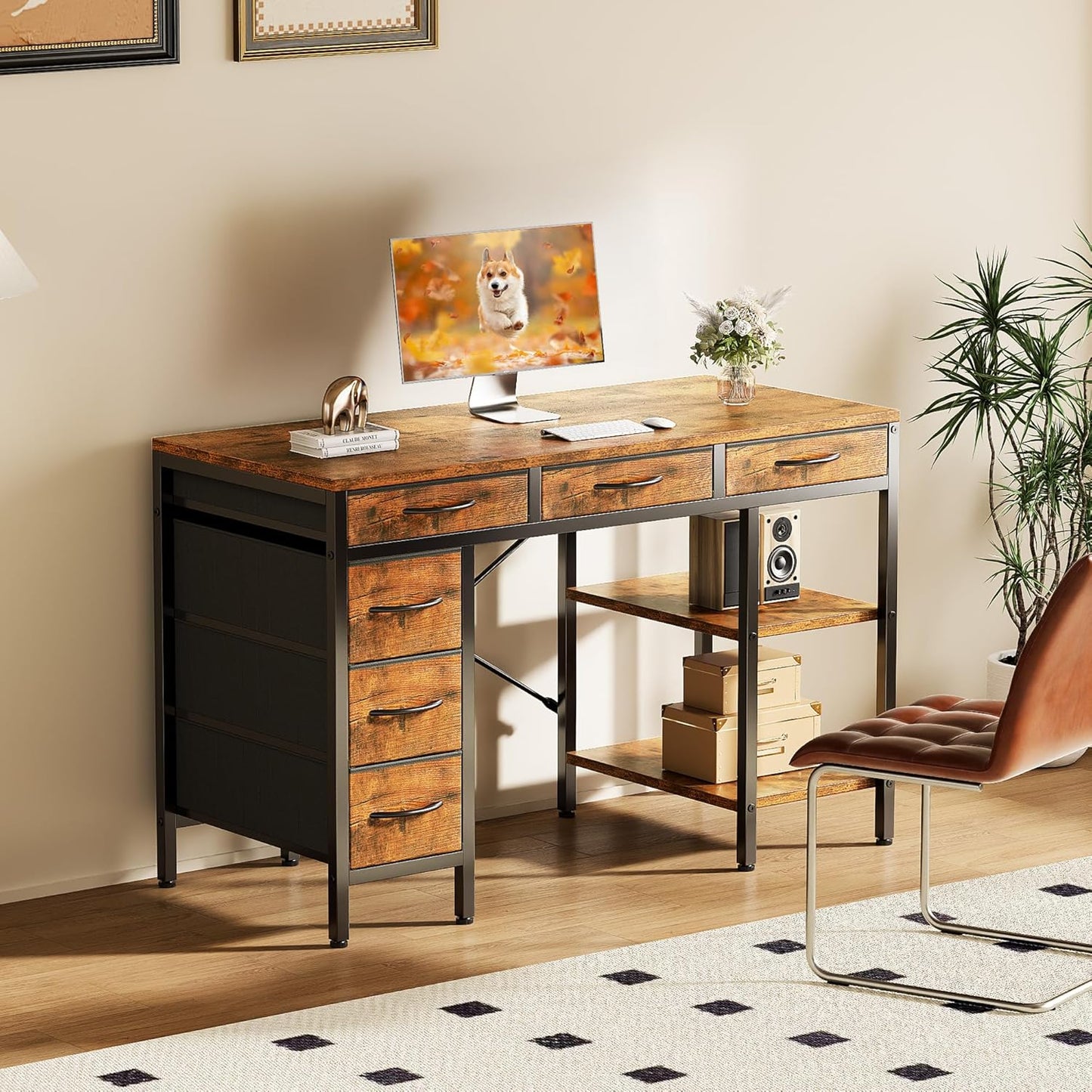 Sweetcrispy 47" Computer Desk - Rustic Brown Home Office Gaming Desk with 6 Drawers & Storage Shelves