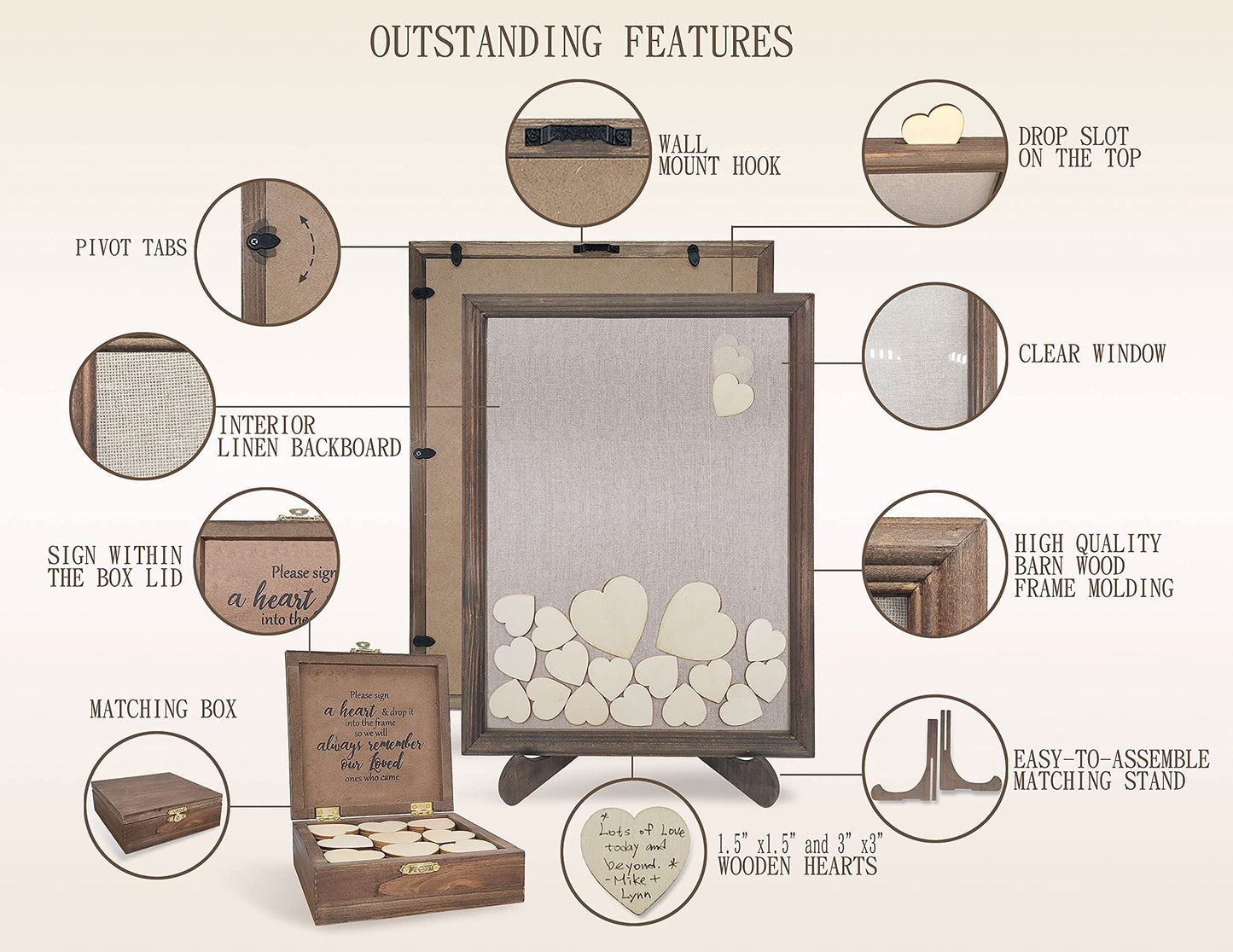 PMPX Wedding Guest Book Alternative Barn Wood Drop Top Frame with Stand, 90 Wood Hearts, Matching Box with Message Inside The Lid. Weddings, Bridal or Baby Shower, Anniversary, or Special Event.