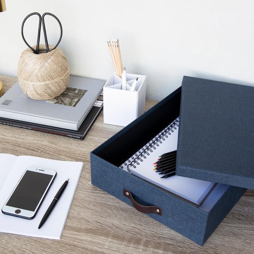 Bigso Oskar Canvas Fiberboard Document Letter Box - File Organizer Box for Important Paperwork - Document Storage with a Lid & Leather Handle - 3.3 in x 10.2 in x 13.8 in - Blue
