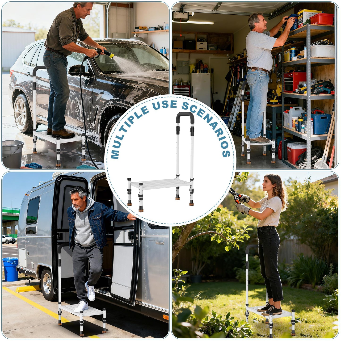 Adjustable Height Car Step Stool with Handrail for RV, SUV & Truck - 4 Legs & Handrail Height Adjustable, Heavy Duty 800 lbs Capacity, Non-Slip Safety Step Assist for Elderly, Seniors & Mobility Aid