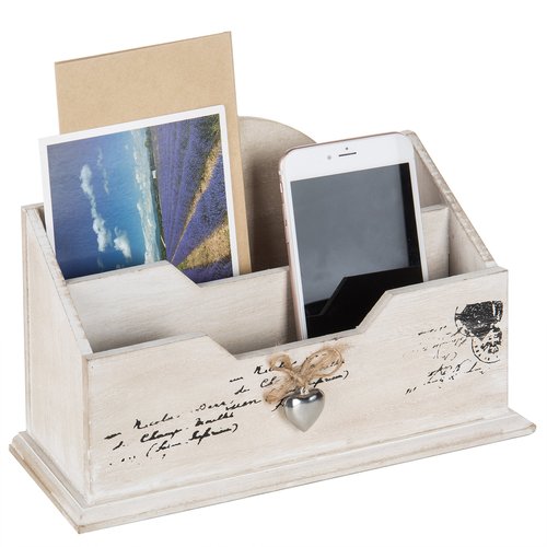 MyGift Whitewashed Wood Office Desktop Letter Mail Sorter, Decorative 2 Compartment Desk Stationery Organizer with Metal Heart Ornament