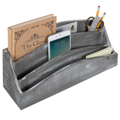 MyGift Wood Desk Mail Sorter Organizer with Vintage Gray Finish and 3 Slots, Office Desktop Document, Paper, Supplies and Stationery Storage Box