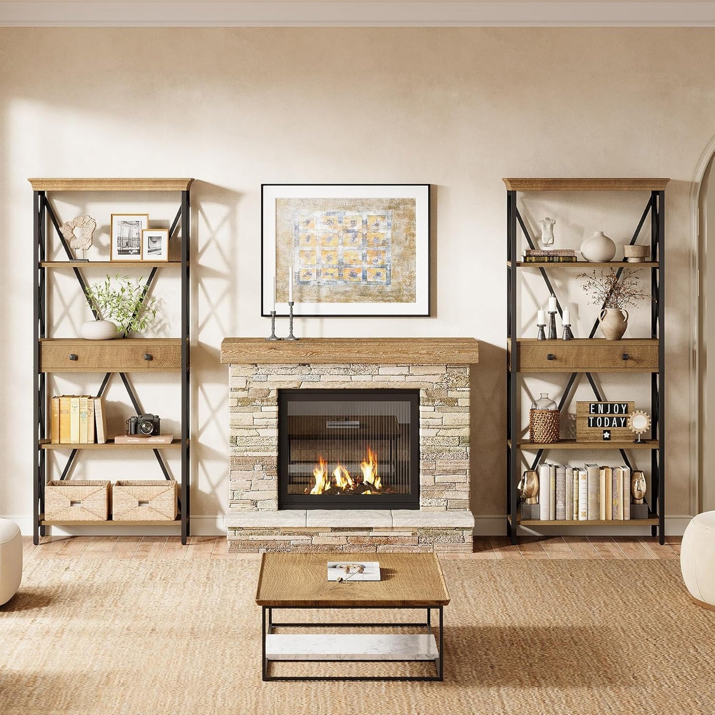Tribesigns Industrial Bookshelf - 70.9" Tall Bookcase with Drawers & Open Shelves | Rustic Brown Finish