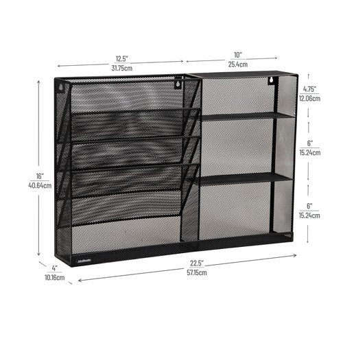 Mind Reader 4-Tier Vertical File Storage and Shelves, Desktop Organizer, Wall Mount, Office, Metal Mesh, 22.5" L x 4" W x 16" H, Black