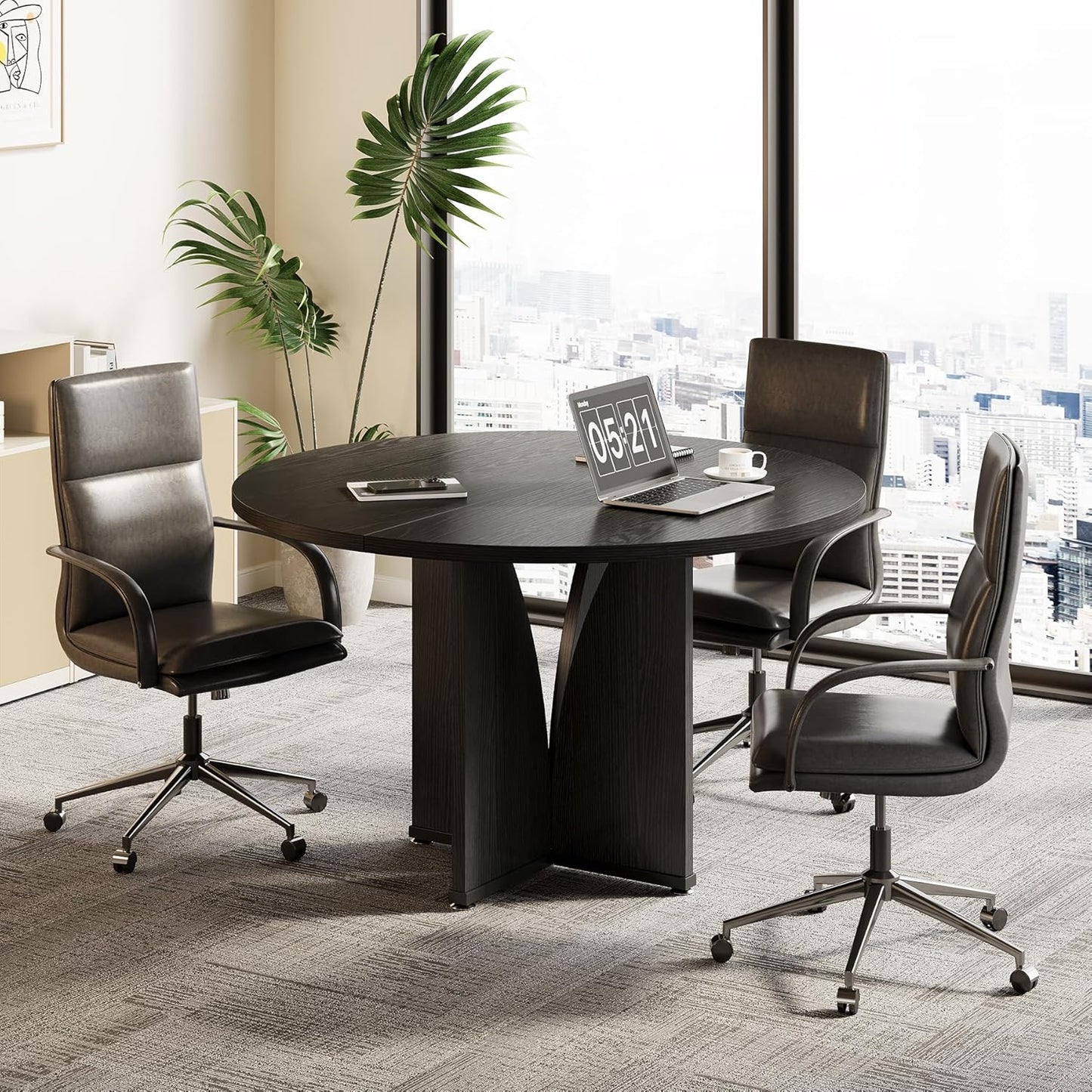 LITTLE TREE 39-Inch Small Conference Table for 4, Round Meeting Table with X-Shape Pedestal, for Office, Conference Room, Small Spaces, Black