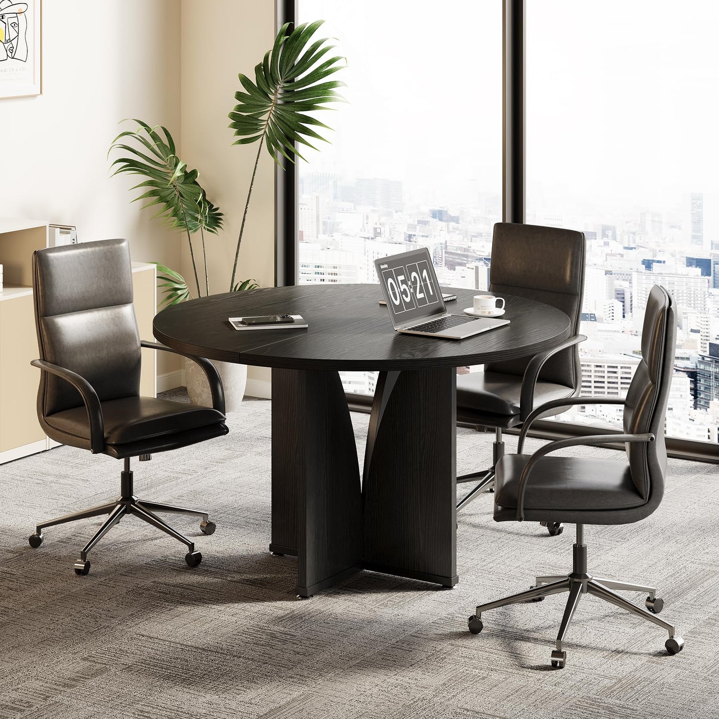 LITTLE TREE 39-Inch Small Conference Table for 4, Round Meeting Table with X-Shape Pedestal, for Office, Conference Room, Small Spaces, Black