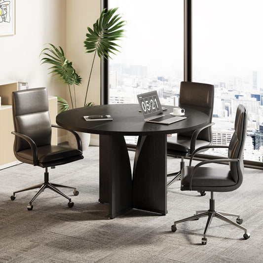LITTLE TREE 39-Inch Small Conference Table for 4, Round Meeting Table with X-Shape Pedestal, for Office, Conference Room, Small Spaces, Black