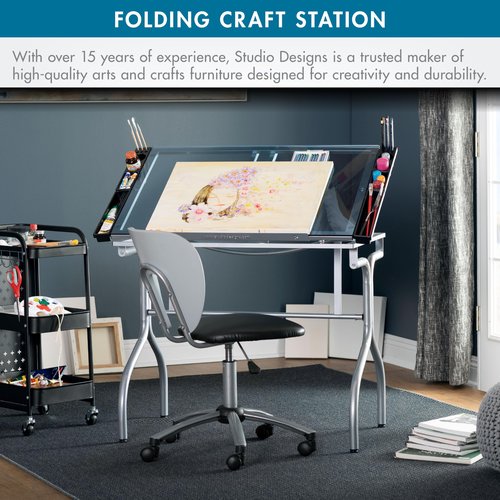 Studio Designs Folding Modern Glass Top Adjustable Drafting Table Craft Table Drawing Desk Hobby Table Writing Desk Studio Desk, 35.25" W x 23.75" D, Silver/Blue Glass