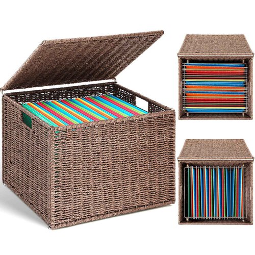 Extra Large Decorative File Box 18 x 16 x 13 in Wicker Seagrass File Basket Organizer for Letter & Legal Size Hand Woven Hanging Filing Cabinet with Lid for Home Office Decor Paper Rope,Dark Brown