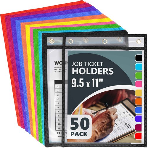 50 Pack Job Ticket Holders 9x12 inch - Colored Work Order Plastic Sleeves Shop Ticket Holders Dry Erase Pocket Sleeves Dry Erase Pockets Clear Pocket Sleeve Tickets Holder Plastic Sleeve