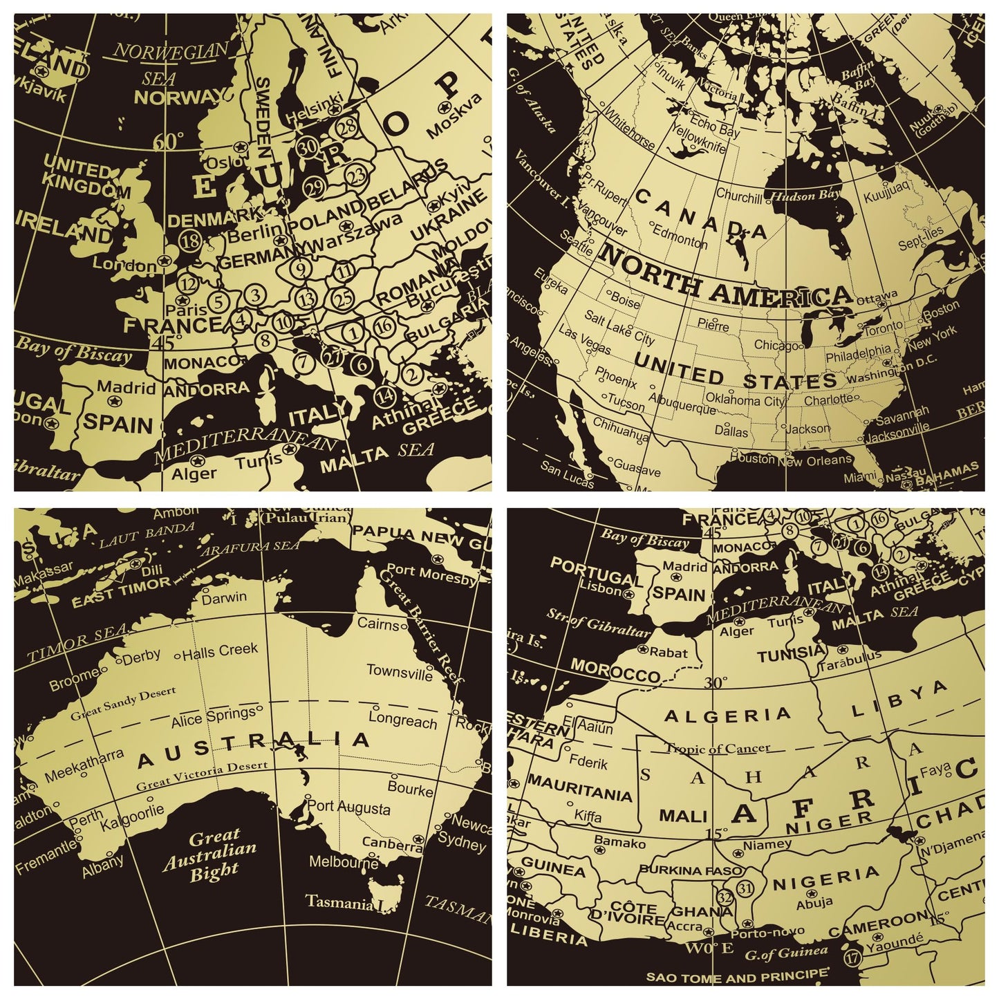 EXERZ 8" Globe Black & Golden, All Direction 360 Rotating - World Globe Educational Geographic - Bronze Arc and Base. English Map.