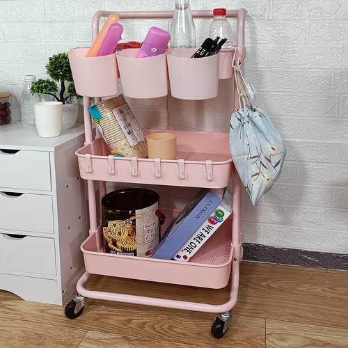 Freletry 3 Tier Utility Rolling Cart Storage Organizer Shelf Rack with 3PCS Hanging Cups + 8PCS Hooks + 2PCS Storage Box for Home Office Kitchen Bathroom (Pink 3 Cup+8 Hook+2 Storage Box)