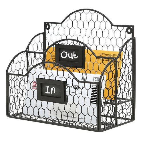 MyGift Metal Wire Basket Desk Organizer, 2 Compartment Inbox/Outbox Black Entryway Wall Mail Sorter, Office Desktop Stationery File Organizer Holder with Chalkboard Labels