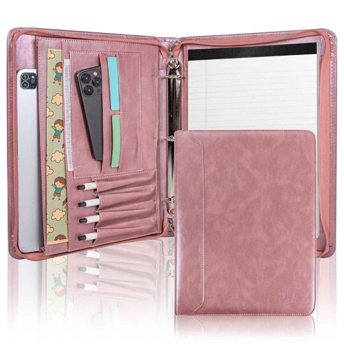 Planner Binder,Padfolio for Women,Leather Binder 3 Ring, A4 Binder Planner with Laptop Pocket,Legal Size Portfolio Organizer,Business Portfolio for Women,Rose Gold