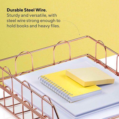 Mindspace Rose Gold Desk Organizer 5-Piece Set | Magazine File Holder, Mail Sorter, Pen Cup Holder, Stackable Letter Tray + Bonus Binder & Paper Clips Set with Box | Wire Collection