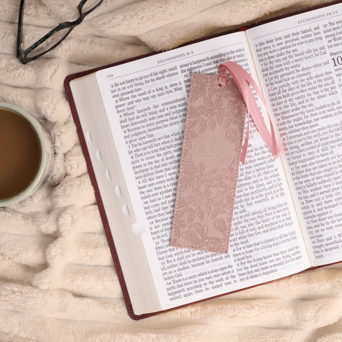 Christian Art Gifts Premium Vegan Leather Motivational Scripture Bookmark for Women: Everything Beautiful Encouraging Bible Verse, Smooth Satin Ribbon, Debossed Floral Reading Accessory, Pastel Pink