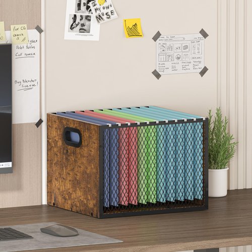 Piskyet Wooden Hanging File Organizer for desk, Metal Mesh File Folder Organizer Crate Cabinet Storage Box with Handle for Home Office Desk,Letter - Size,Rustic Brown