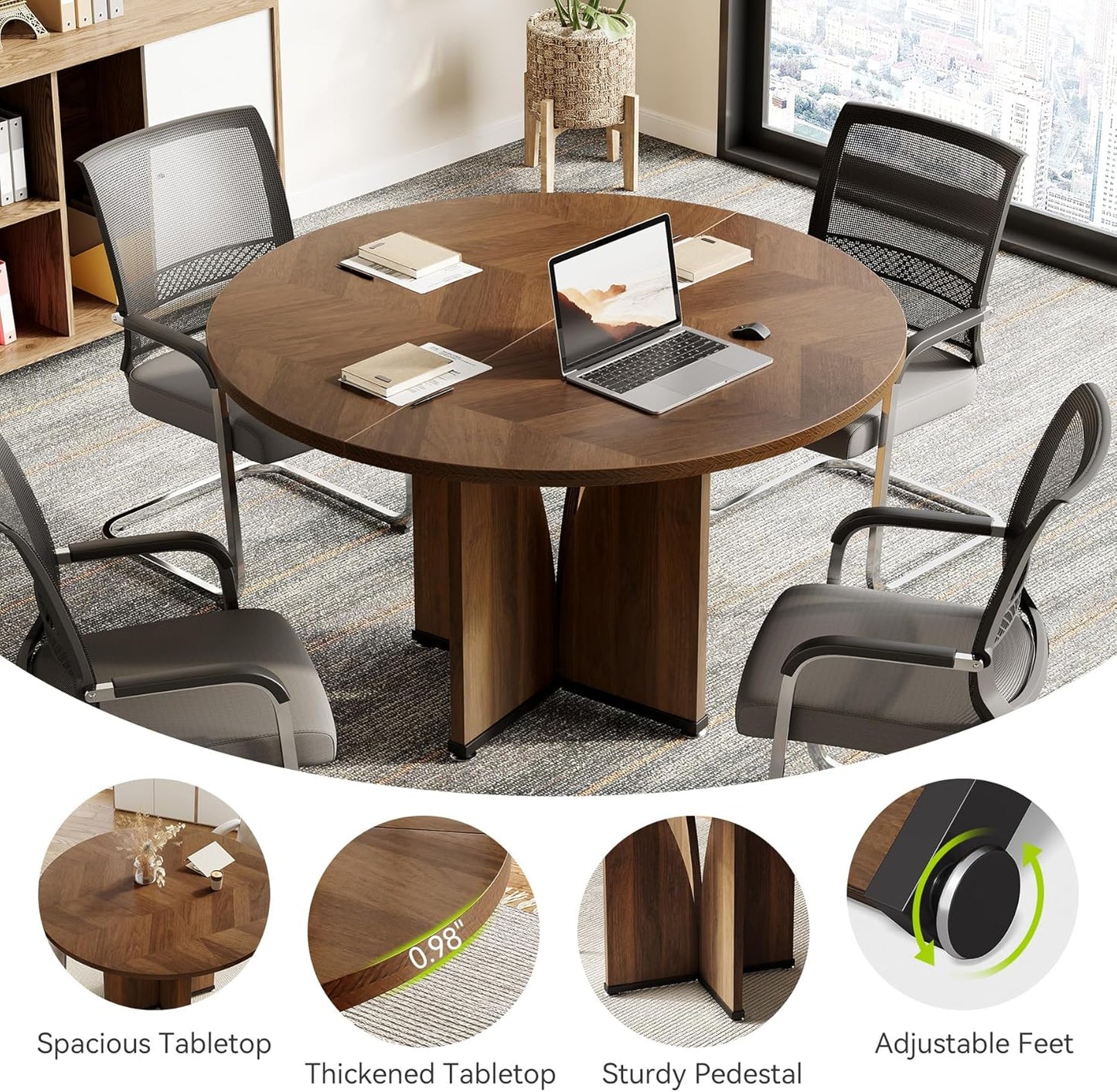 LITTLE TREE 39-Inch Small Conference Table for 4, Round Meeting Table with X-Shape Pedestal, for Office, Conference Room, Small Spaces, Black