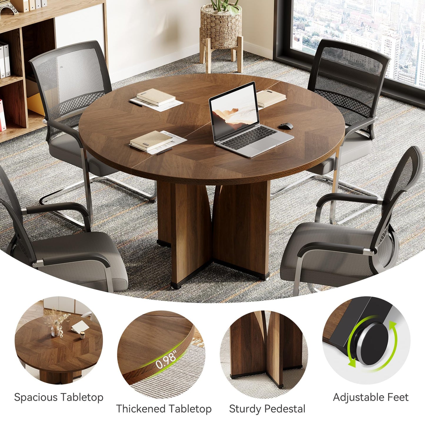 LITTLE TREE 39-Inch Small Conference Table for 4, Round Meeting Table with X-Shape Pedestal, for Office, Conference Room, Small Spaces, Dark Brown
