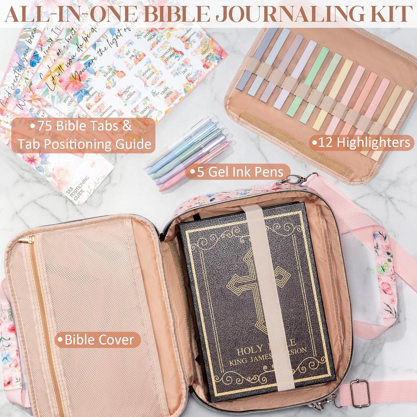 Skiennix Bible Cover Case for Women - Large Bible Bag with Shoulder Strap & Journaling Kit | Pastel Highlighters & 75 Tabs